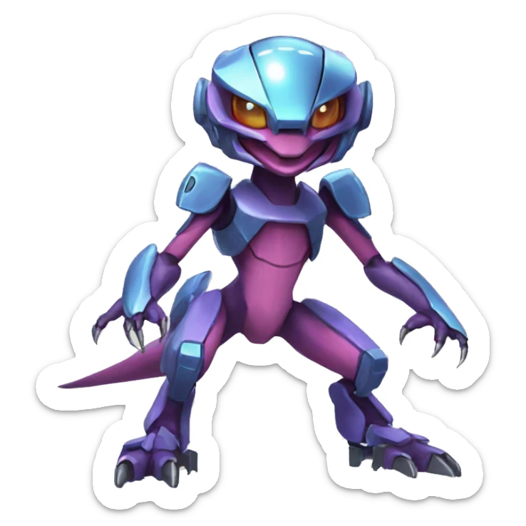 a shiny Genesect-Raptor-Fakémon—hybrid with a futuristic visor-helmet full body sticker