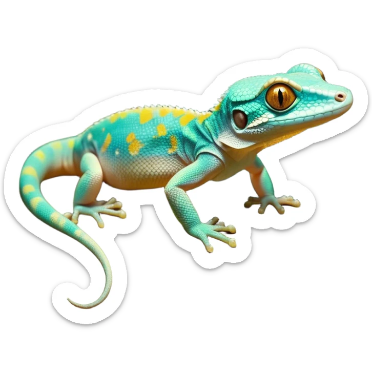 Cinematic Noble Gecko Portrait Emoji, Poised and sleek, with a compact, agile body adorned with textured, mottled scales and luminous, alert eyes accentuated by delicate toe pads and subtle patterning, Simplified yet sharp and sophisticated features, highly detailed, glowing with a soft, ambient jungle glow, high shine, intelligent and vigilant, stylized with an air of exotic elegance, focused and precise, soft glowing outline, capturing the essence of a watchful reptilian guardian that seems ready to scamper out of the screen with effortless agility! sticker
