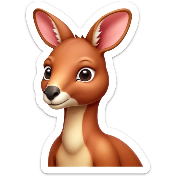 Cinematic Cute Adult Red Kangaroo Portrait Emoji, Head tilted playfully and inquisitively, showcasing a charming, robust build with soft reddish fur and a uniquely red kangaroo-like head featuring a gentle, elongated snout and rounded ears, with large, sparkling eyes full of wonder, Simplified yet irresistibly adorable features, highly detailed, glowing with a warm, friendly glow, high shine, affectionate and lively, stylized with a touch of outback whimsy, soft glowing outline, capturing the essence of a mischievous yet loving kangaroo that seems as if it could hop out of the screen into your arms! sticker