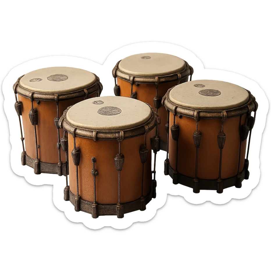 Realistic style depiction of exactly four timpani drums, no player, all drums brown, with no background, isolated on transparent background. sticker