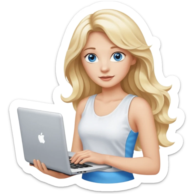 3D Apple-style emoji of a blonde woman whits long wavy hair, with bright blue eyes,
wearing a white sleeveless top,
holding a silver laptop,
clean white background, smooth rounded design
 sticker