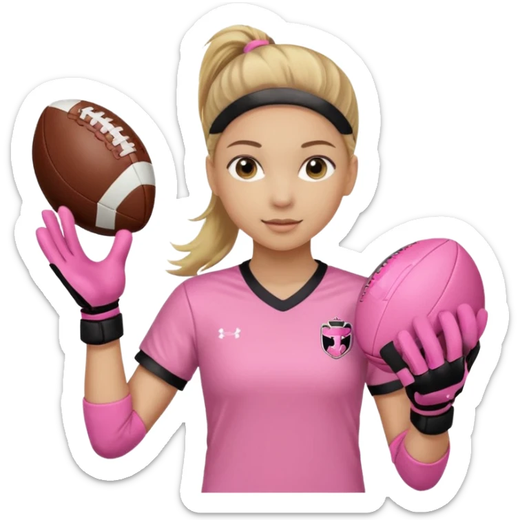 Make a dirty blonde football goalkeeper with goalkeeper gloves on holding a regular football. NOT AN AMERICAN FOOTBALK BALL. The girl is light skinned and wearing a light pink football. Wearing a ponytail with the dirty blonde. Make it without the whole body sticker