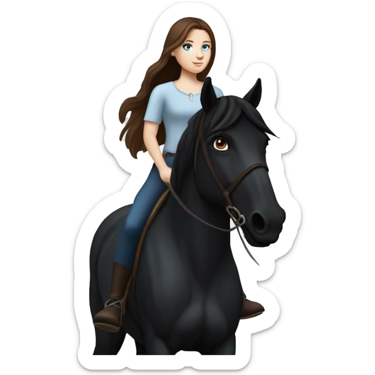 Girl with white skin, blue eyes and brown hair riding a Black horse with long mane and dark eyes. We see them from the side, they are causally walking sticker