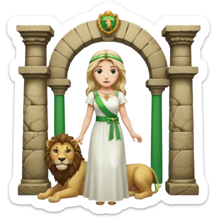 Un drapeau  avec 2 bande verte qui et une bande blanche au milieu avec une femme avec 1 lion de chaque coter d’elle sous un arc en pierre  sticker