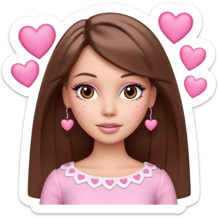 Barbie girl and  makeup , brown straight hair and brown eyes is In pale pink clothes There are pink hearts all around sticker