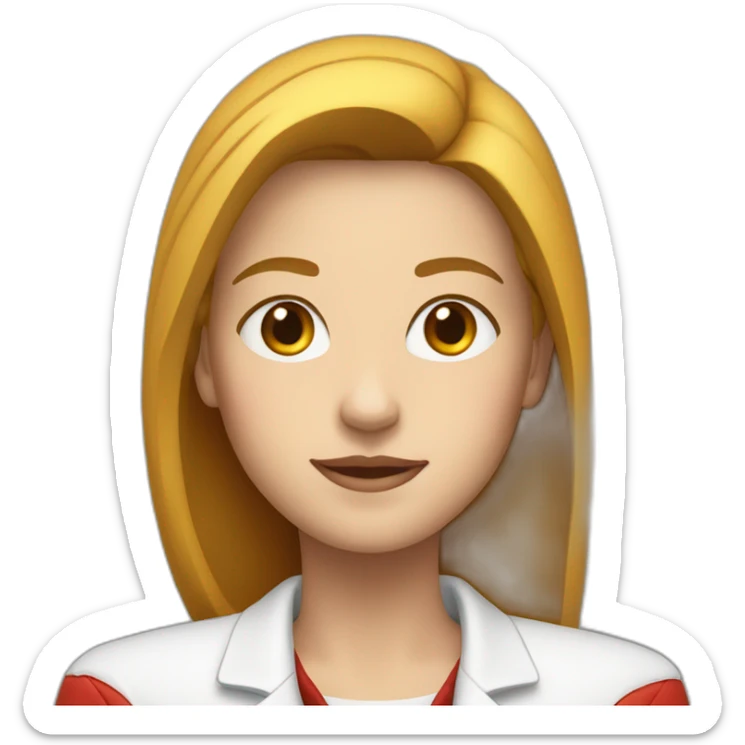 Young white woman, wearing white shirt and red jacket, both hand above her shoulders  sticker