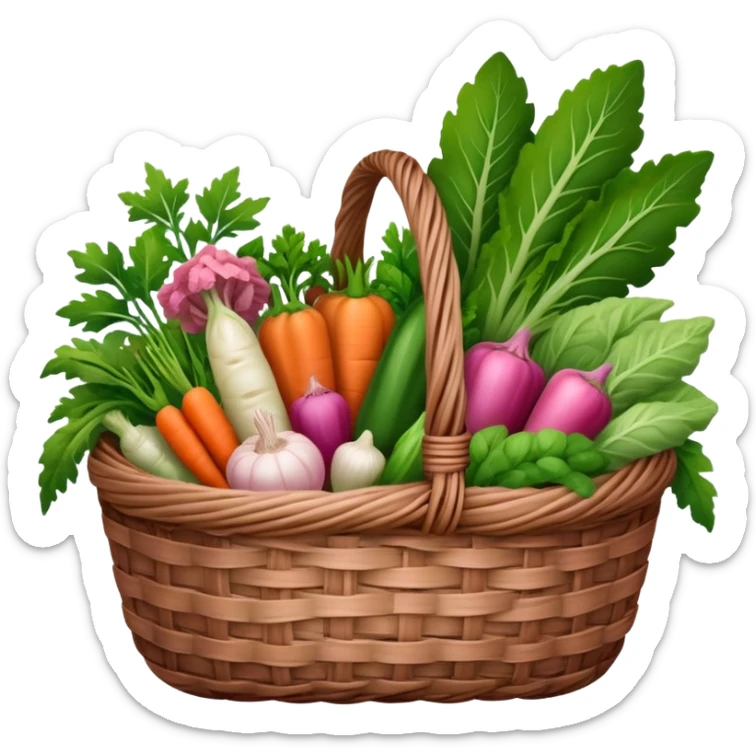 A brown basket of vegetables and plants with some pink aesthetic motives on the basket in an ios 18 emoji  sticker