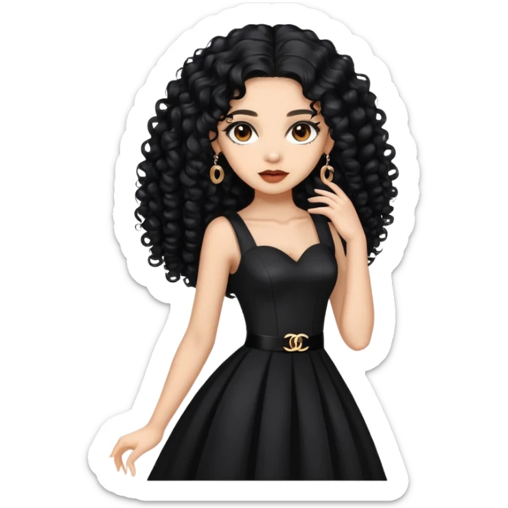 light skin girl with very long black curly hair, brown eyes, wearing a black Chanel dress sticker