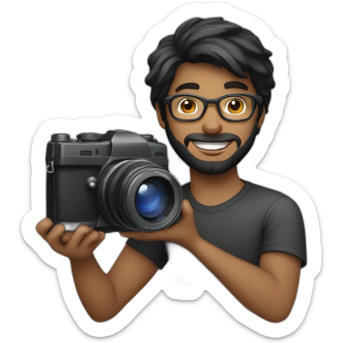 a photographer, young, black, straight hair, with a beard, wearing glasses and with a camera in his hand. Using black sticker
