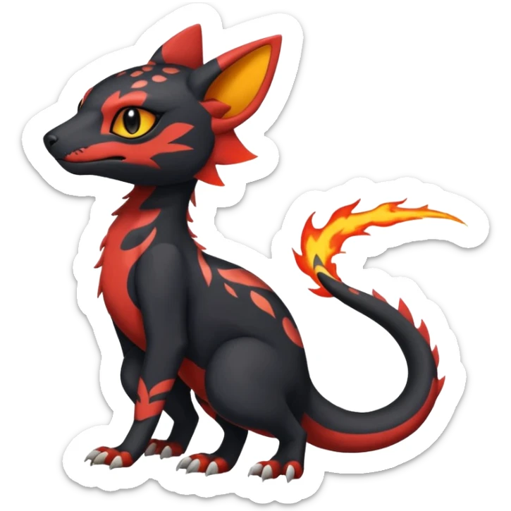 Rare realistic cute gothic Salandit-Litten-Quilava-Genet-species-Fakemon-hybrid-creature, with fiery markings, full body sticker