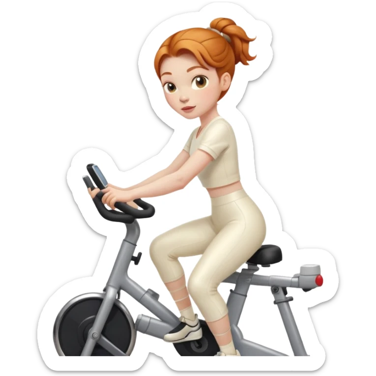 Ginger girl shiny lips middle part low bun riding stationary bike cream outfit sticker