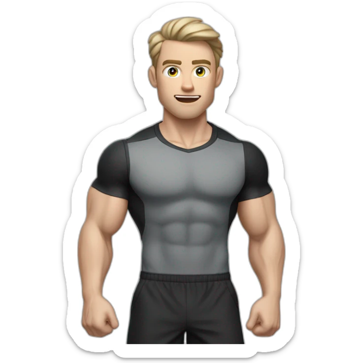 Surprised Pale skinned Fit Man With the biceps and dark brown hair in black shirt, gray sports shorts and white Sneakers sticker