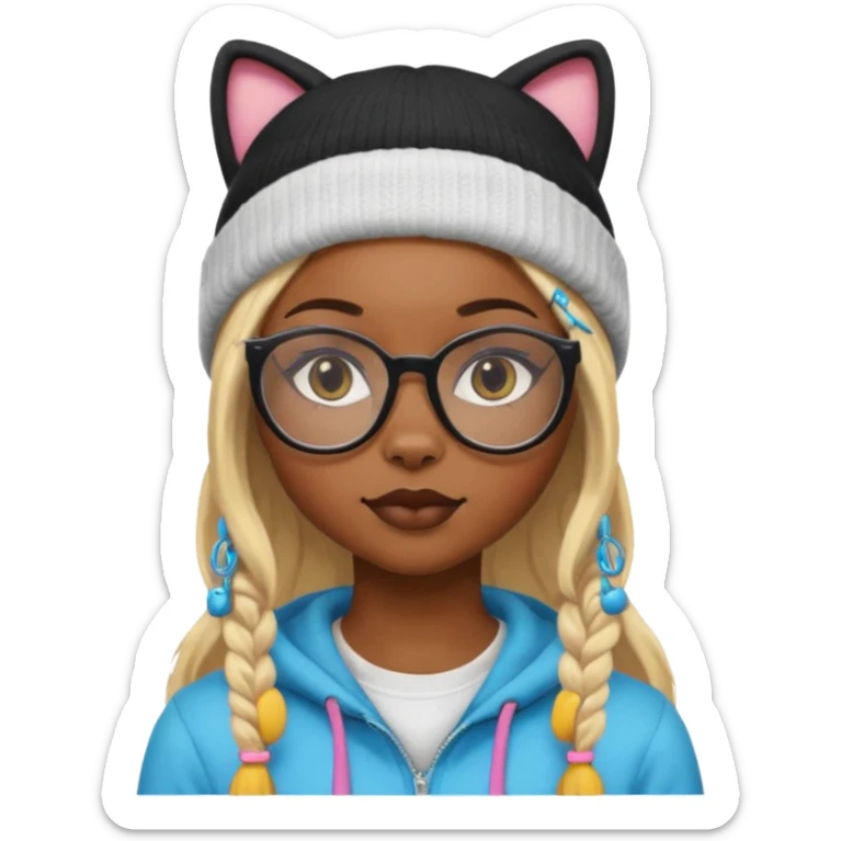 black skin, Blonde girl wearing cat  glasses and beanie, long hair sticker