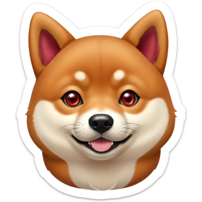Cinematic Cute Shiba Inu Portrait Emoji, Head tilted playfully and inquisitively, featuring a rich red fur with a creamy underbelly and perky ears, round, sparkling brown eyes filled with curiosity, Simplified yet irresistibly adorable features, highly detailed, glowing with a warm, friendly glow, high shine, affectionate and lively, stylized with a touch of whimsy, bright and endearing, soft glowing outline, capturing the essence of a mischievous yet loving pup, so playful it feels like it could leap out of the screen and into your arms! sticker