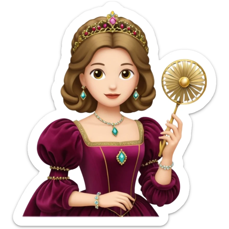 An emoji portrait of a Renaissance Italian princess. She wears a sumptuous velvet gown with a square neckline and puffed sleeves. Her hair is styled with a jeweled ferronnière, and her expression is poised and intelligent. She is holding a small, delicate fan. sticker