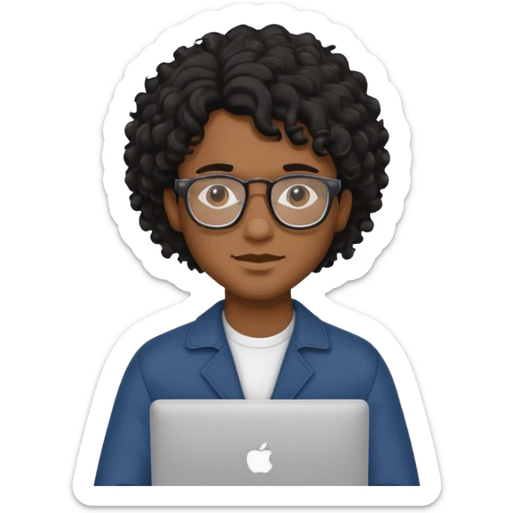 guy with wavy kinda curly black hair and skin tone a little bit brown and glasses, with a macbook sticker