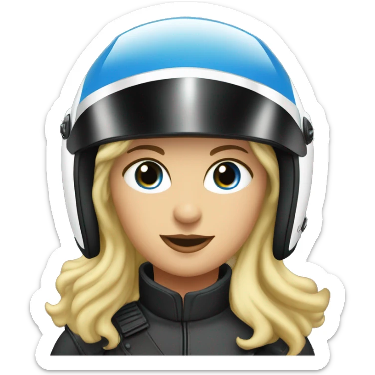 blond lady, 50 years, blue eyes on motorcycle bmw gs 700, wearing helmet sticker