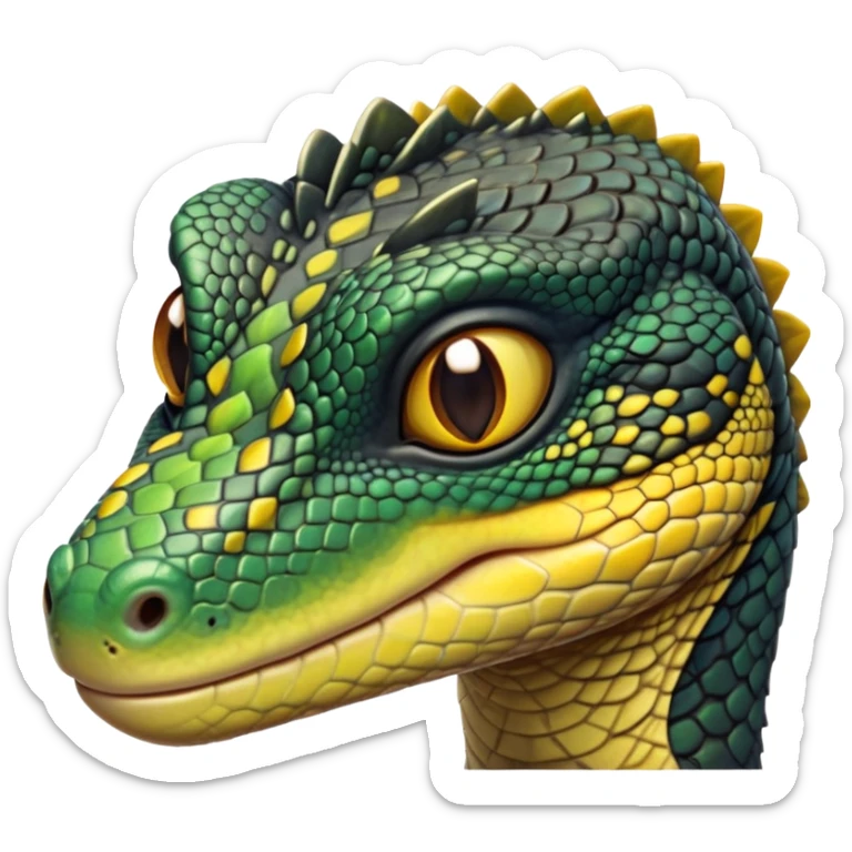 cinematic-realistic-cute-monitor-lizard-portrait-emoji,-head-tilted-playfully-and-inquisitively,-featuring-a-compact,-agile-body-with-finely-detailed,-glossy-scales-in-earthy-black and yellow-hues-and-a-distinct,-alert-face-with-bright,-curious-eyes, black , yellow spotted and green band  scales and a slender neck sticker