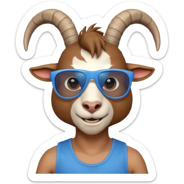 3D cartoon goat man portrait, head and shoulders, brown fur, small horns, blue reflective sunglasses, slight smile, tank top, soft lighting, centered, clean background, no text, no watermark
 sticker