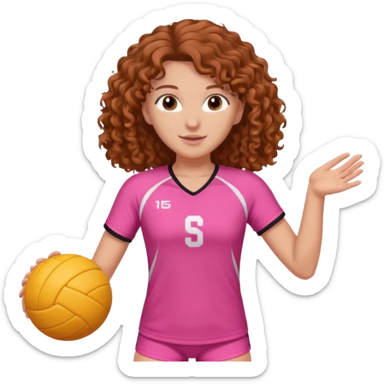 white volleyball player with brown curly hair & pink outfit (long hair) precision details + white and orange ball sticker