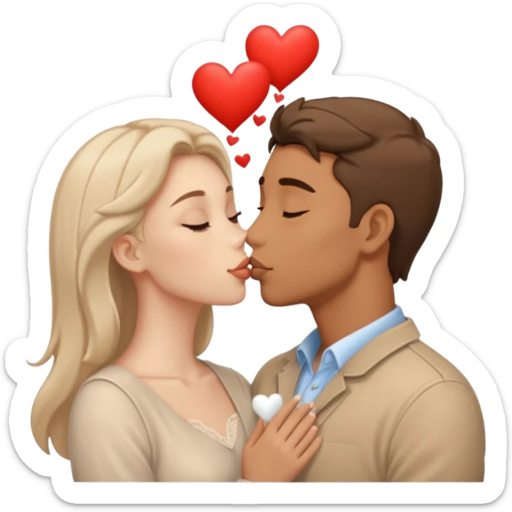 A man in pale beige clothes and a woman in pale beige clothes are kissing with white hearts sticker
