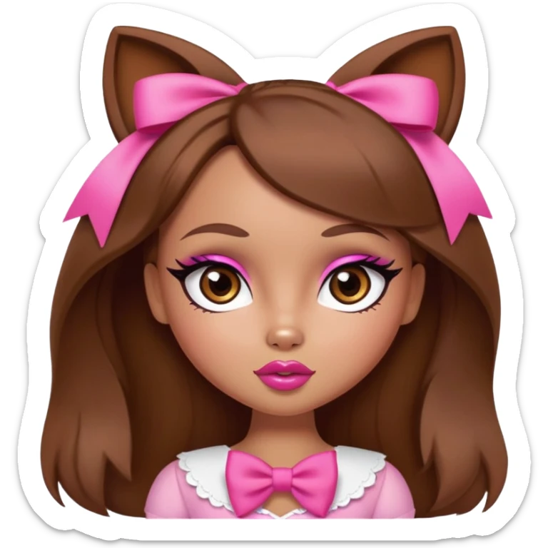Bratz doll character with brown hair, pink bow, large lips, and almond-shaped foxy eyes sticker