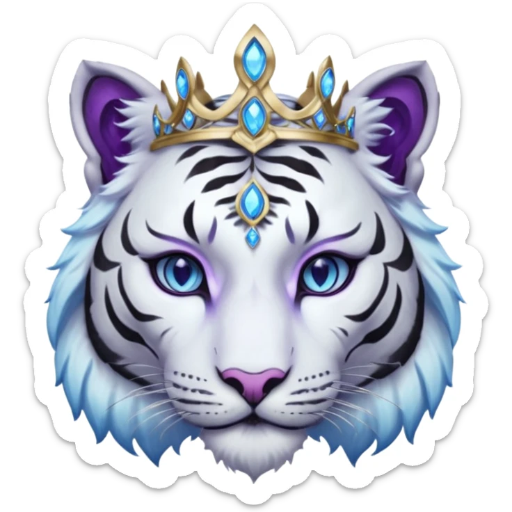 ESO Female white/black tiger khajiit leader of the umbral rose, glowing blue eyes, glowing blue 'third eye' gem; silver crown/tiara with purple gems sticker