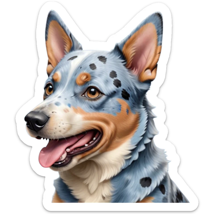 Cinematic Cute Yawning Blue Speckle Australian Cattle Dog Portrait Emoji, Head tilted slightly with a dramatic, wide-open yawn, showcasing a sleek blue speckle Fur with distinct markings, floppy ears slightly drooping, round blue eyes barely open in drowsy contentment, Simplified yet irresistibly adorable features, highly detailed, glowing with a soft, cozy glow, high shine, relaxed yet expressive, stylized with a touch of whimsy, bright and endearing, soft glowing outline, capturing the essence of a sleepy yet affectionate herder, so drowsy it feels like it could stretch out of the screen and curl up for a nap! sticker