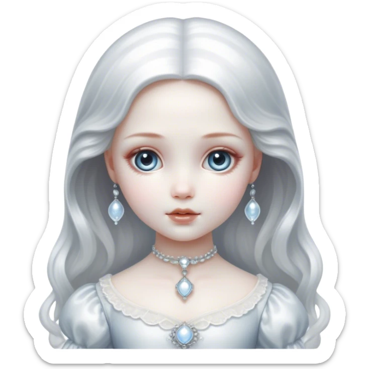 Cinematic, sitting, Ultra realistic 32k HD, hauntingly beautiful porcelain doll, Balanced features, highly detailed, glowing with silver light, high shine, remembrance, a painting of white silver, fanciful, enchanting, ghostly. The image is so lifelike it could leap off the canvas at any moment sticker