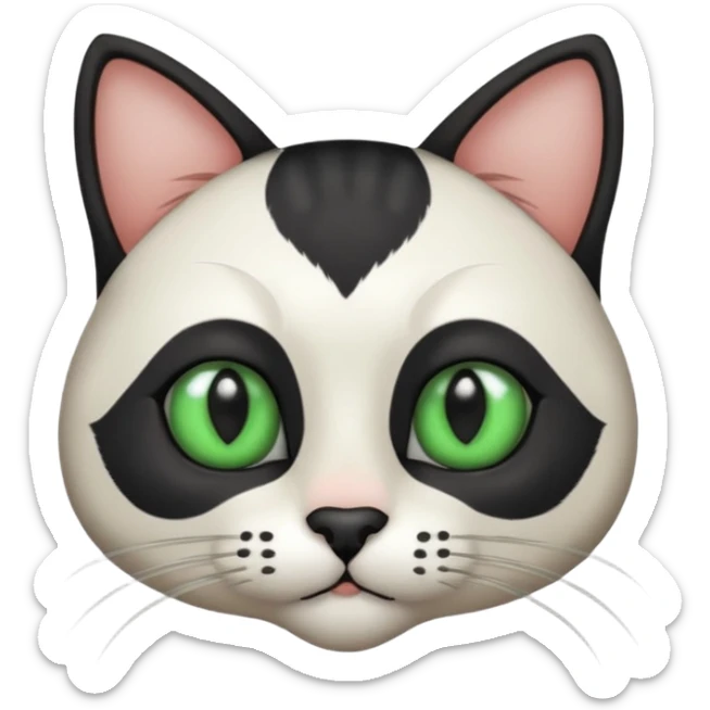 Haz una gata de ojos verdes la cara blanca con mancha negra en las orejas que agarra parte de la frente del lado der pero del iz va desde el ojo hasta la oreja la mancha, tiene la nariz negra en forma de corazón y todo lo que sobra de la cara, barbilla la nariz arriba y el lado de bigotes es blanca sticker