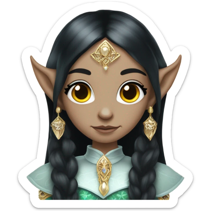 elf princess with pointy ears, white skin, black hair with jewellery,  sticker