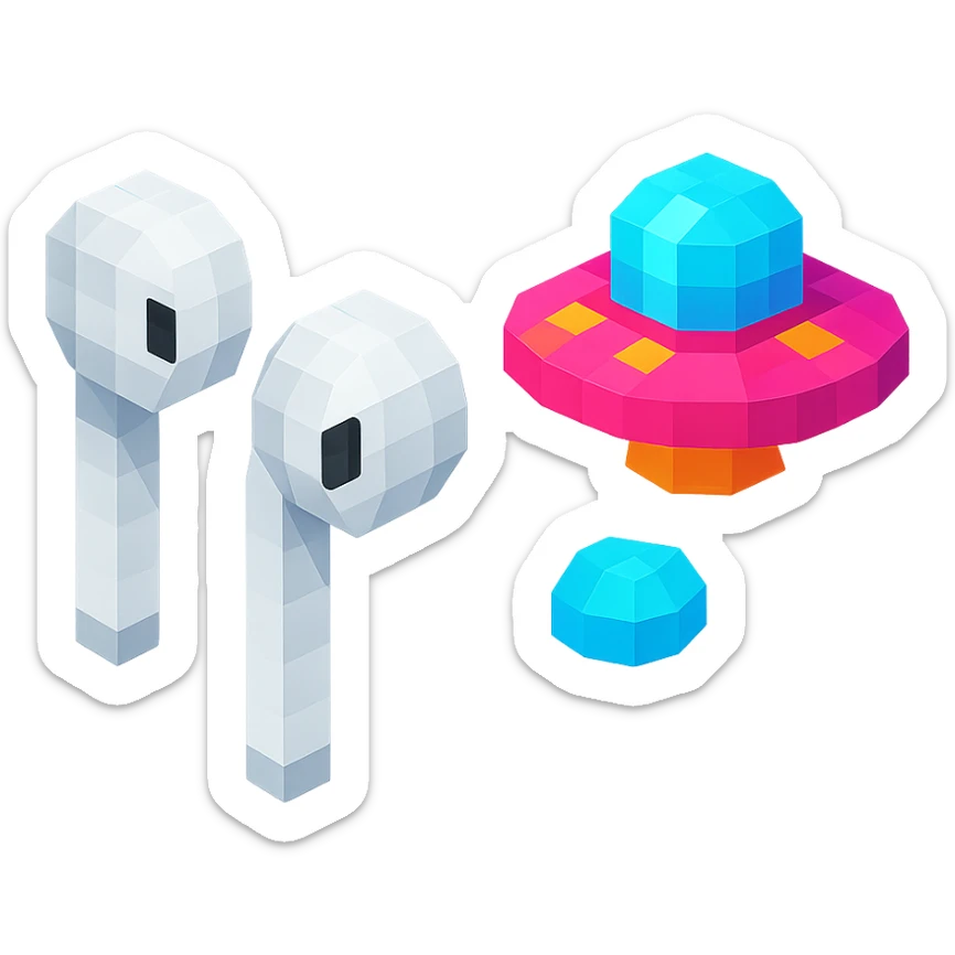 white EarPods headphones with a playful twist, floating in space, with a UFO nearby sticker