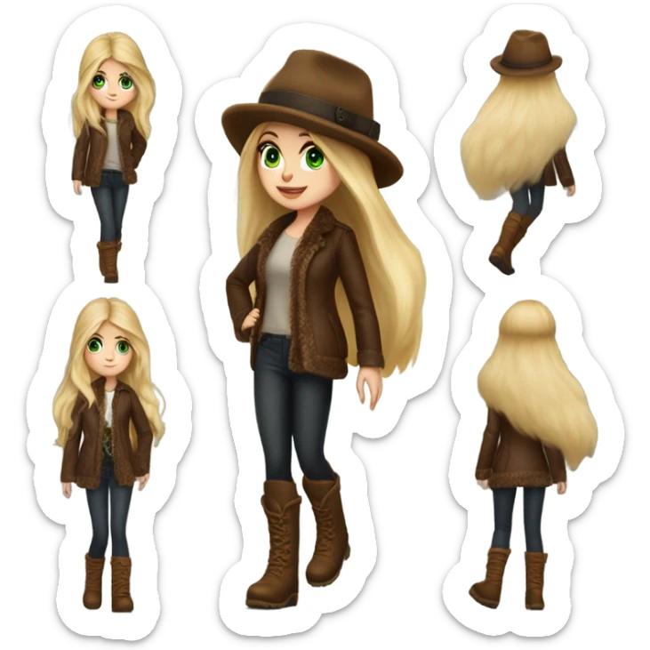 Realistic White girl with Long straight blonde hair, green eyes, tattoos, full body wearing Brown fur coat and fur hat and Brown leather boots, walking sticker
