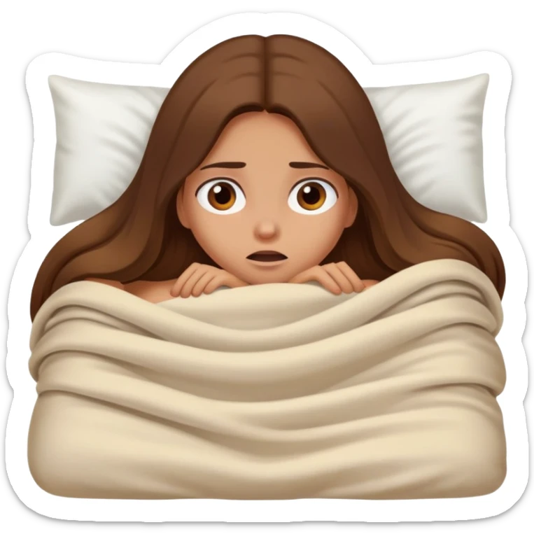 a tanned girl with brown long hair laying in bed hid under the blanket  in fear sticker