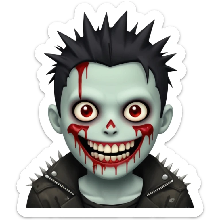 zombie boy withemo spiky hair, white skin, and white eyes; an open smile, and bloodied teeth; sticker