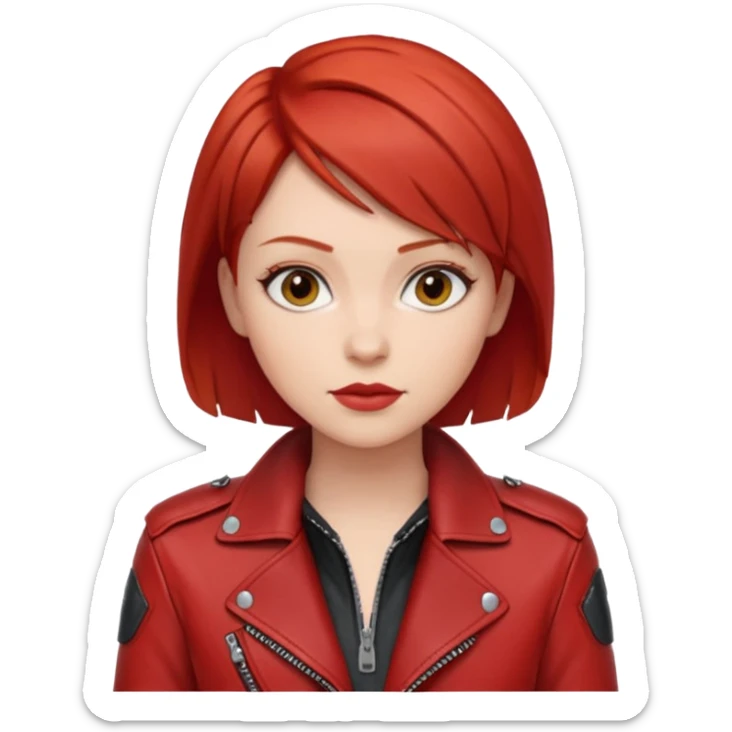 woman with short red hair and a bold red moto jacket sticker