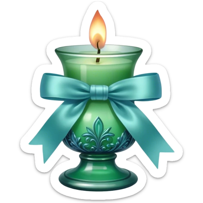 A soft blue candle in an ornate green glass holder, tied with a delicate satin blue bow. sticker