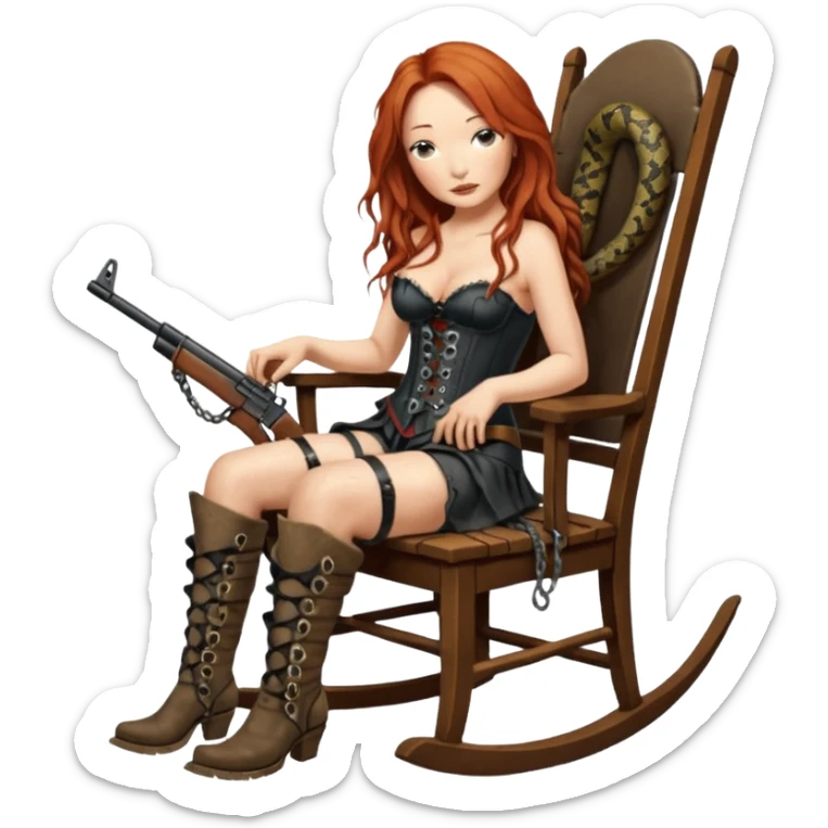 cinematic realistic ultra HD old and tired Tori Amos casually crouches on a rocking chair in a torn corset, holding a double-barreled rifle and with muddy feet. a big snake wrapped itself around the chair sticker