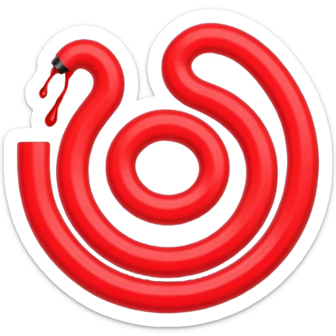 Minimalist emoji-style sticker of a coiled red carpet with drops of blood on the floor around it. Flat design, black and desaturated red tones, no perspective, bold lines. sticker