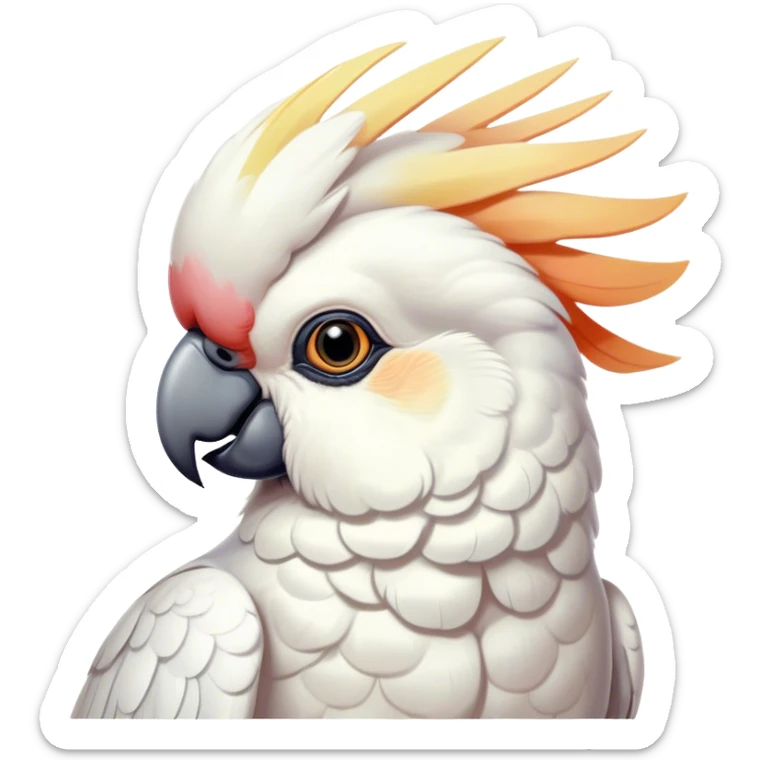 Cinematic Noble Cockatoo Portrait Emoji, Poised and regal, with a striking, crest-adorned head of brilliant white and pastel hues, a robust, curved beak, and piercing, intelligent eyes, Simplified yet sharp and sophisticated features, highly detailed, glowing with a soft, tropical luminescence, high shine, intelligent and majestic, stylized with an air of avian elegance, focused and alert, soft glowing outline, capturing the essence of a watchful and confident cockatoo that appears ready to unfurl its crest out of the screen with effortless authority! sticker