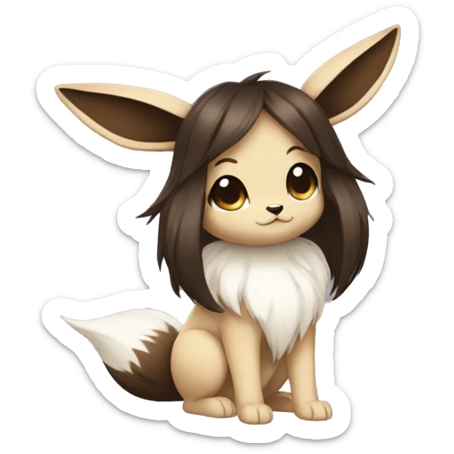 Kawaii Pale Eevee with dark brown long emo hair covering her eyes Full Body sticker