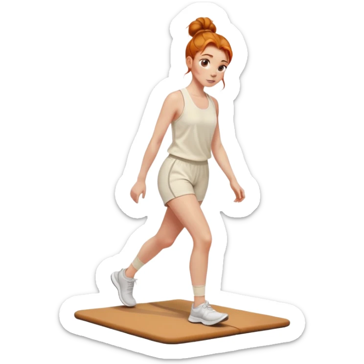Beautiful Ginger girl messy bun walking on walking pad cream gym outfit sticker