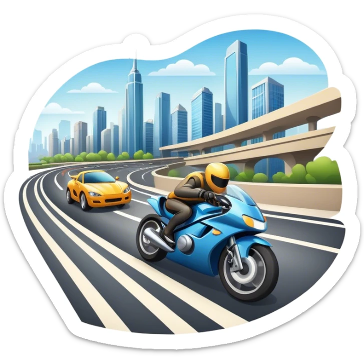 An icon showing a motorcycle and car speeding through a cityscape, with roads and curves ahead. The vehicles leave dynamic trails of speed, representing the thrill of racing and adventure. The background is transparent, focusing on the power and freedom of both cars and motorcycles. sticker
