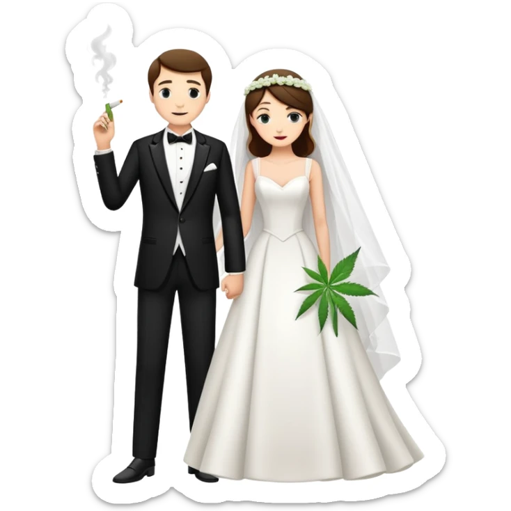 A bride in white wedding dress and groom in tuxedo, full body, smoking cannabis together sticker