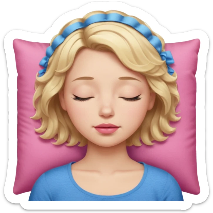 Girl Blonde short wavy hair,  blue eyes, cute blue top, long lashes, pink lips, sleeping eyes closed, catching zzzz  sticker