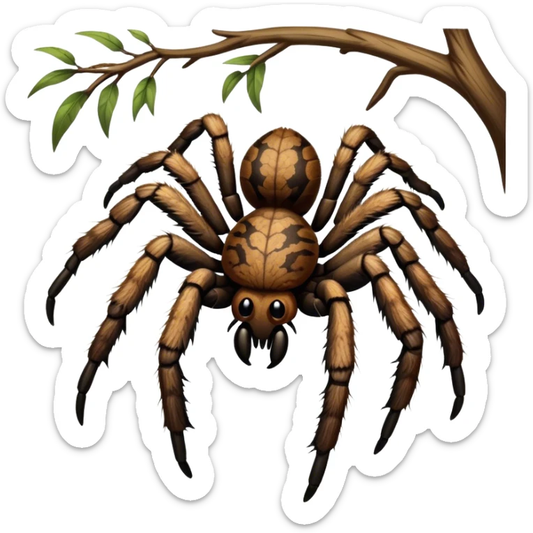 Close-up of a giant hairy tarantula in its natural habitat, with detailed textures of its legs, fangs, and body. The spider is perched on a tree branch, with soft lighting highlighting its features. Transparent background. sticker