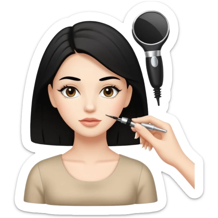 White girl with black hair in beige dress getting a cosmetology facial sticker