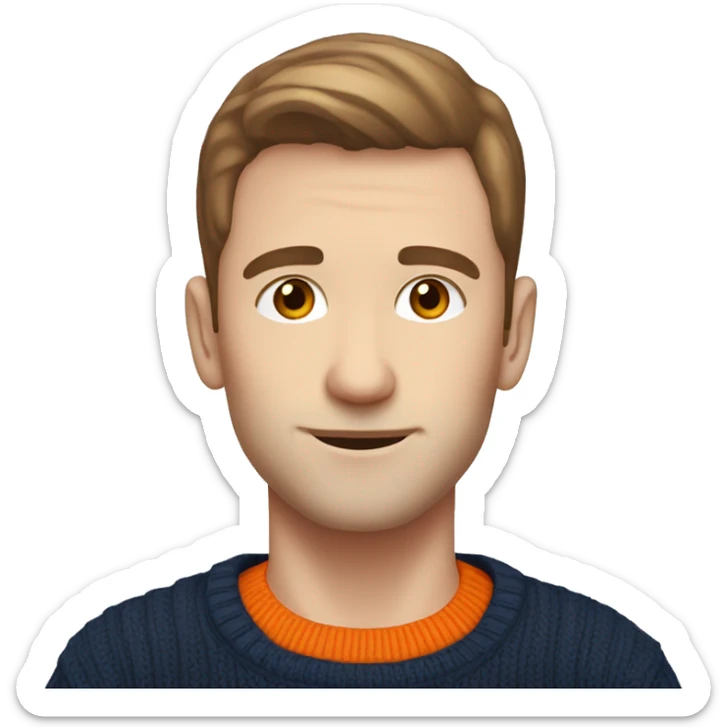 pale man with brown hair and stubble wearing navy and  orange jumper sticker