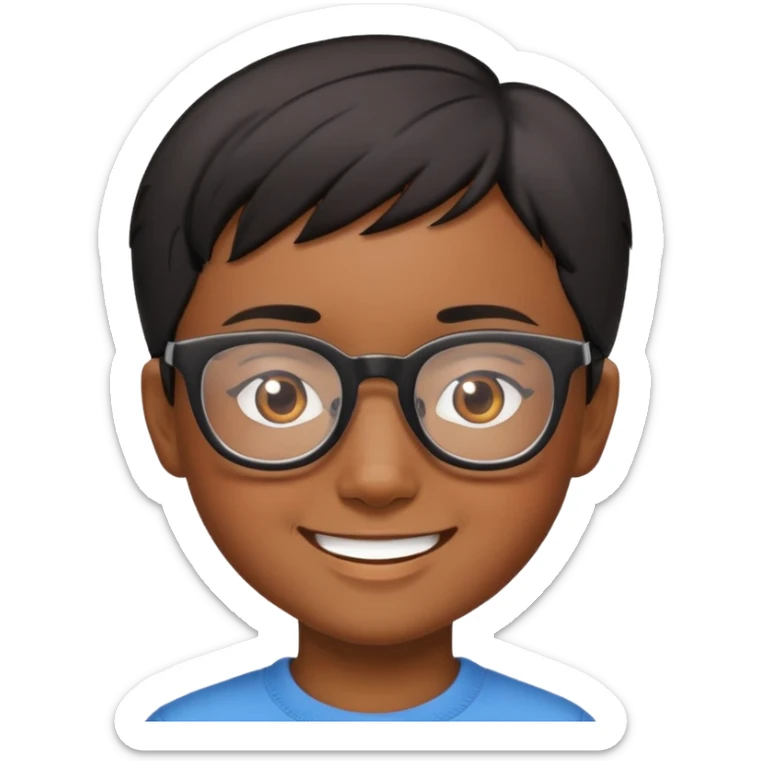 "- Nam
- 10 tuổi
- Da nâu
- Tóc ngắn, đen
- Cười mỉm
- Đeo kính
" sticker