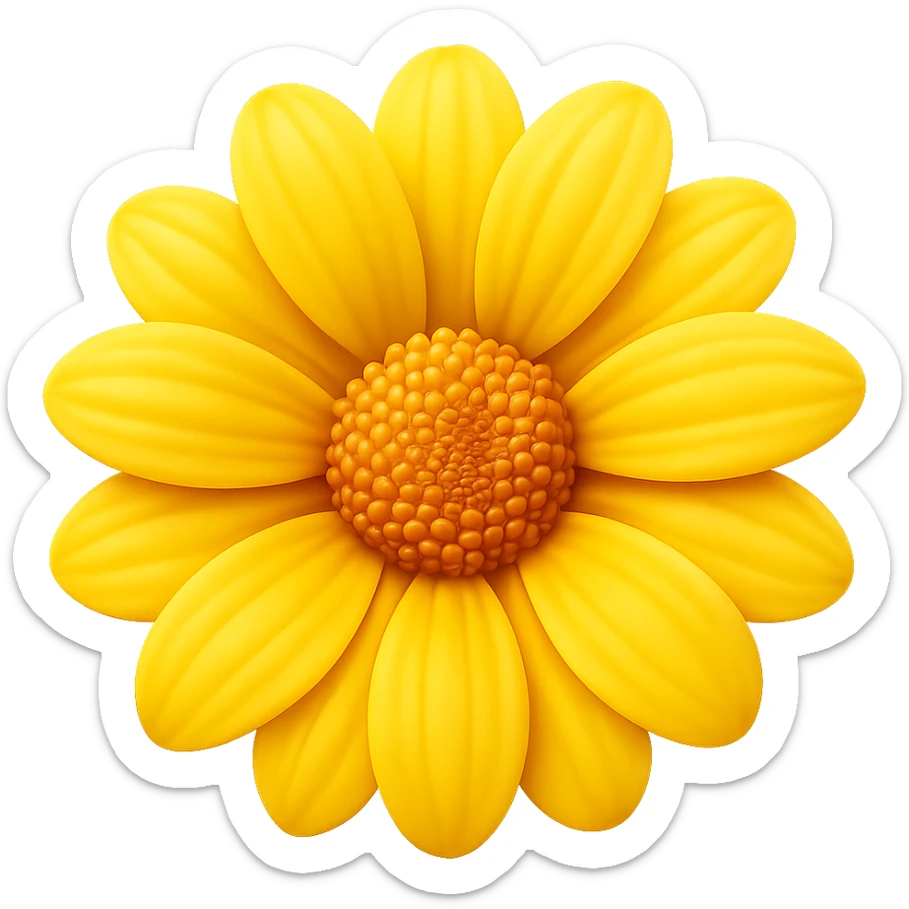 Create a 3D illustration of a yellow flower (dahlia or aster) in the style of iOS Apple emoji, featuring volumetric petals and a realistic center, on a transparent square background. The style should mimic the detailed, smooth, and vibrant look of Apple emojis with a 3D effect. sticker
